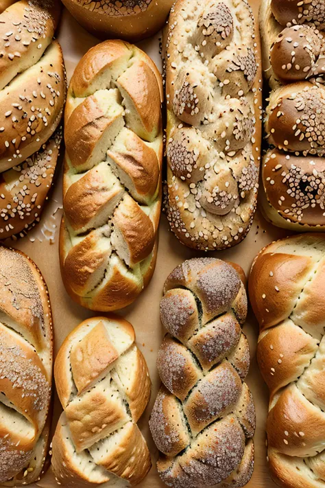 a close up of a variety of breads on a table, loaves, breads, luscious with sesame seeds, bread, pastries, animal - shaped bread...