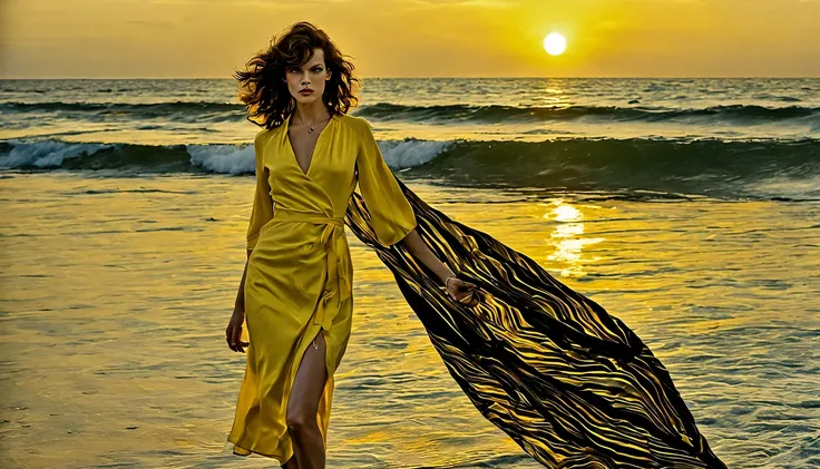 Uma linda Garota (milha Jovovich), (22 anos), com um vestido Amarelo com detalhes em preto, caminhando na areia, behind a very calm sea, pequenas ondas, with the setting sun is shining.