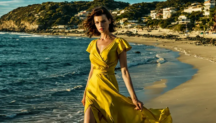 Uma linda Garota (milha Jovovich), (22 anos), com um vestido Amarelo com detalhes em preto, caminhando na areia, behind a very calm sea, pequenas ondas, with the setting sun is shining.