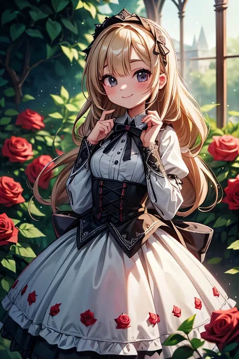 ((Masterpiece)), ((best quality)), (super detailed), (Professional Photography), (Professional Photography), 8K, lens flare, wide shot, Textured skin, cinematic lighting, 1girl, ((Beautiful Gothic Lolita pure-white-Dresses)), (very hoop-dress), Luxury rose...