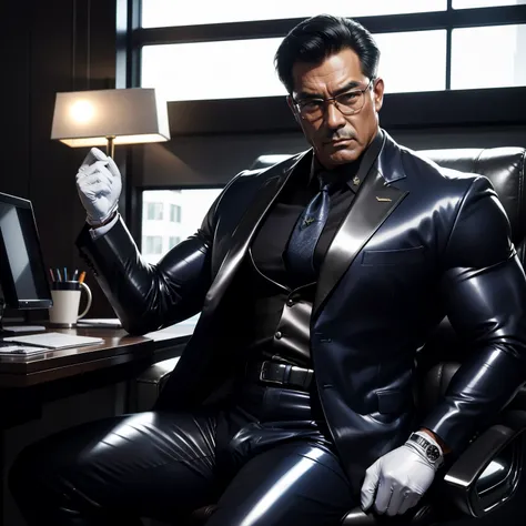 60 years old,daddy,shiny suit sit down,k hd,in the office,big muscle, gay ,black hair,asia face,masculine,strong man,the boss is,handsome,sex,leather gloves,lecherous dad,look straight ahead, Dad is horny,Dad wears glasses