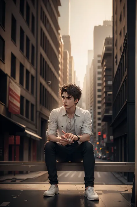 Masterpiece, high quality, high details, realistic face, ultra realistic, face 4K, City blurry background, background must be untouched similar face, 1guy, (messy hair style), (perfect lips), (perfect nose), 20 year old guy, (handsome guy), (sitting on top...