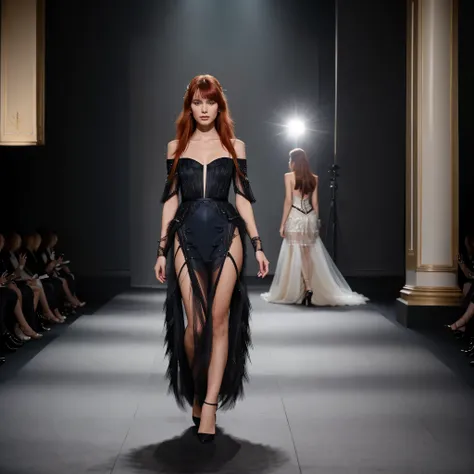 Capture a stunning and highly detailed photograph of a young runway model with vibrant red hair, gracefully showcasing an haute couture dress adorned with blue and black fringe details during a fashion show in Milan. Utilize a top-tier camera such as the C...