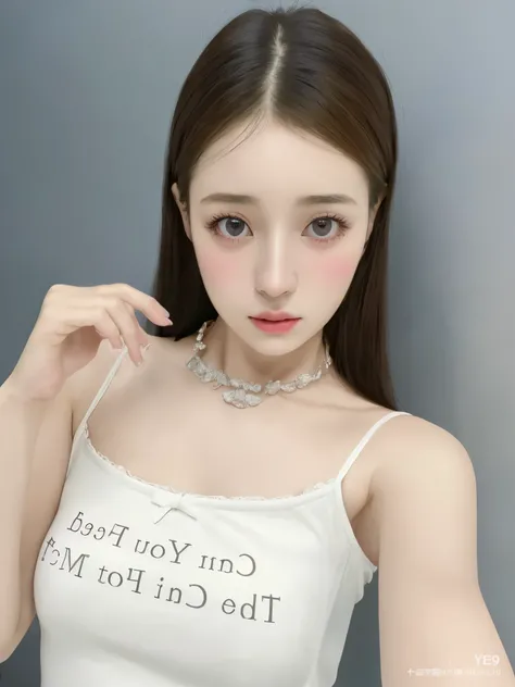 un primer plano de una mujer vestida con un top blanco y un collar, chica linda-cara-fina, buena chica joven, dilraba dilmurat, 19 year old girl, ulzzang, con cara linda - fina, 8k selfie photography, Yoshitomo Nara, chica joven y linda