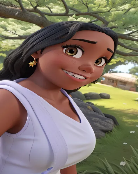 Um poster de filme 3d estilo Disney da pixar posando para uma foto, foto de uma mulher negra feliz e fofa
