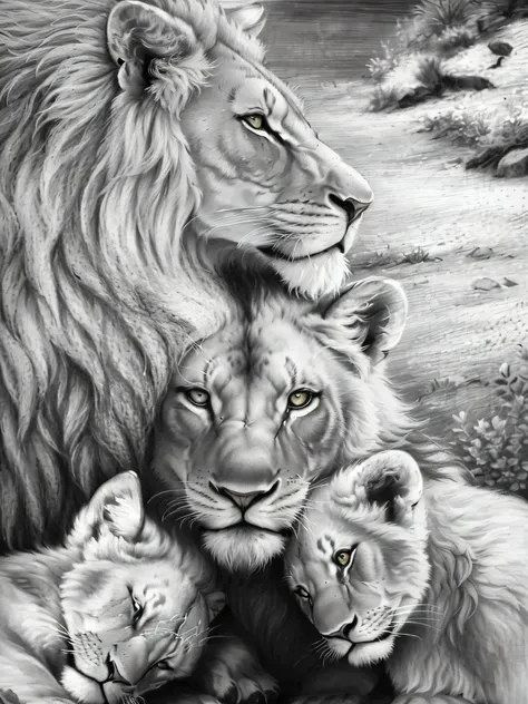 a drawing of a lion color and its cubs in nature, desenho da vida selvagem, Animais bonitos detalhados, desenho detalhado em 4k, detailed pencil drawing, lions, highly Desenho detalhado, 4k. Desenho detalhado, fantastic art, arte muito detalhada, arte alta...