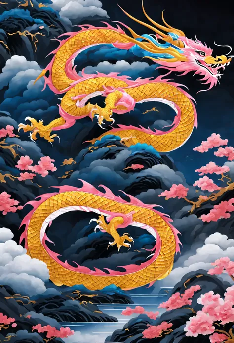 1 stop，upon the clouds，the details are very clear，8k，the dragon is pink，also available in white，只要1 stop就行，not too many elements