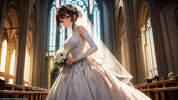 (masterpiece:1.2, best quality), (finely detailed beautiful eyes: 1.2) a anime bride with a brown ponytail, green eyes, in a white wedding dress, standing in church, facing camera, happy