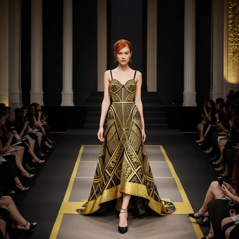 Compose a highly detailed and realistic photograph featuring a young runway model with vibrant red hair, elegantly striding down the catwalk in an intricately designed haute couture dress adorned with detailed yellow and black geometric patterns during a p...