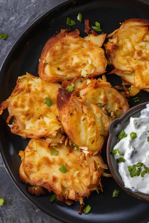 a close up of a plate of food with a dip, polish food, potatoes, onions, potato, 6 pack, very crispy, mashed potatoes, recipe, s...