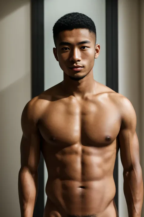 Japanese mixed race man+nigeriano, 20 anos, extremamente bonito, looking-into-camera, 16k, UHD, perfect lighting, grain of film, altamente detalhado, foto de corpo inteiro