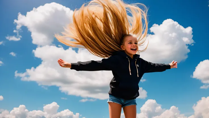 image of a KIDS GIRL blonde hair in a black hoodie standing on a cloud with his arms outstretched, she is arriving heaven, heaven!!!!!!!!,