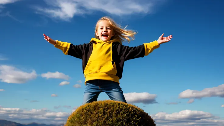 image of a KIDS GIRL blonde hair in a black hoodie standing on a cloud with his arms outstretched, she is arriving heaven, heaven!!!!!!!!,