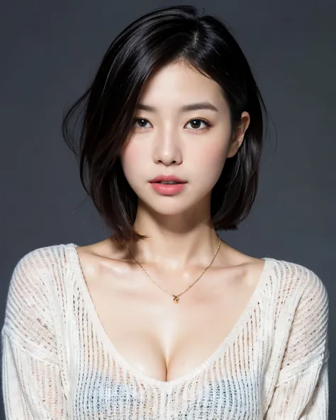 (Best quality, 8k, 32k, Masterpiece, UHD:1.2),Photo of Pretty Japanese woman, large breasts, very short bob hair,upper body,(oversized_sweater,:1.1) necklace, simple background, looking at around