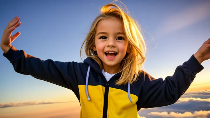 image of a KIDS GIRL blonde hair in a black hoodie standing on a cloud with his arms outstretched, she is arriving heaven, heaven!!!!!!!!,