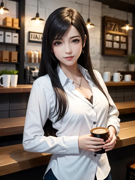 (top quality, masutepiece: 1.1), (Realistic: 1.3), BREAK (((FF7,Tifa_lockhart,solo))),(location: a cozy coffee shop with warm lighting),(gravure pose:1.2,idol),Ultra-detailed face, Detailed eyes,Red eyes, BREAK (((FF7,Tifa_lockhart))),(black brown hair, La...