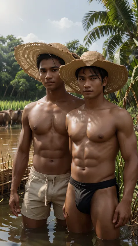 Picture in realistic 3d image of two hot boys with exotic tanned skin working in a rice field wearing conical hat. They have different face. There is sun rays at the background and a water buffalo. Detailed image, detailed face and eyes, good lighting.