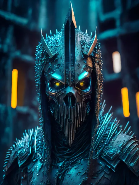 Full Grim portrait of the DC Dirt-monster wrapped in dirty aluminium with intricate angular cybernetic implants inside a brutalist building, gothic brutalist graveyard, cyberpunk, Foto premiada, Bokeh, Neon lights, cybernetic