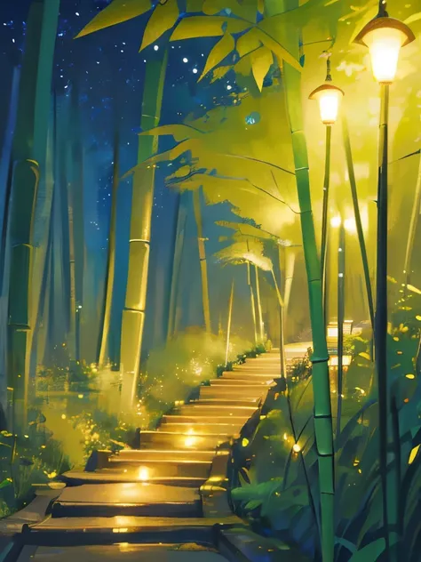 "(best quality,highres:1.2),ultra-detailed,bamboo forest at night,serene atmosphere,quietness,stillness,[whispering winds],[full moon],[falling bamboo leaves],[dancing fireflies],peaceful,solitude,mystical,tranquility,darkness,bamboo shadows on the ground,...