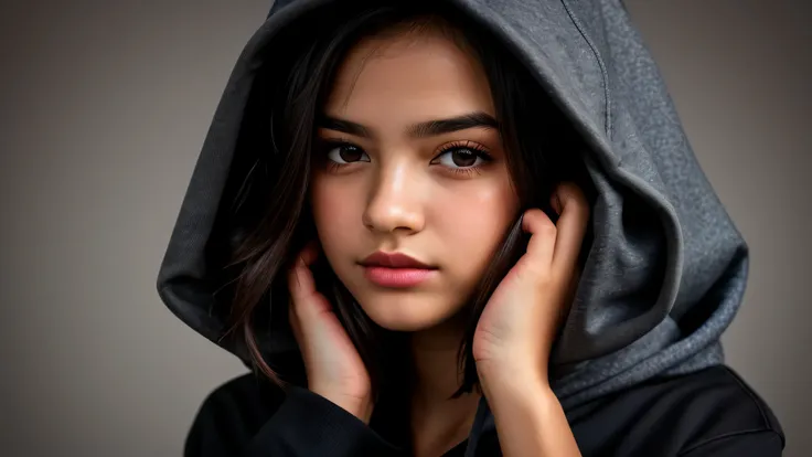 KIDS GIRL blood hair in a black hoodie holding her head in her hands, KIDS girl wearing hoodie, in a black hoodie, close up portrait photo, gorgeous young model, in a hoodie, portrait black and white portrait, wearing a black hoodie