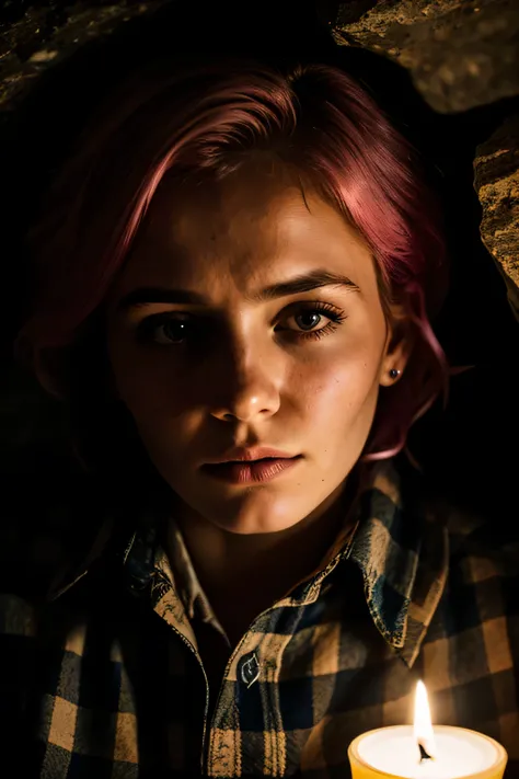 photograph of a woman, (troubled facial expression), textured skin, goosebumps, pink hair, plaid flannel shirt with distressed boyfriend jeans, cowboy shot, dark and mysterious cave with unique rock formations and hidden wonders, perfect eyes, (candlelight...