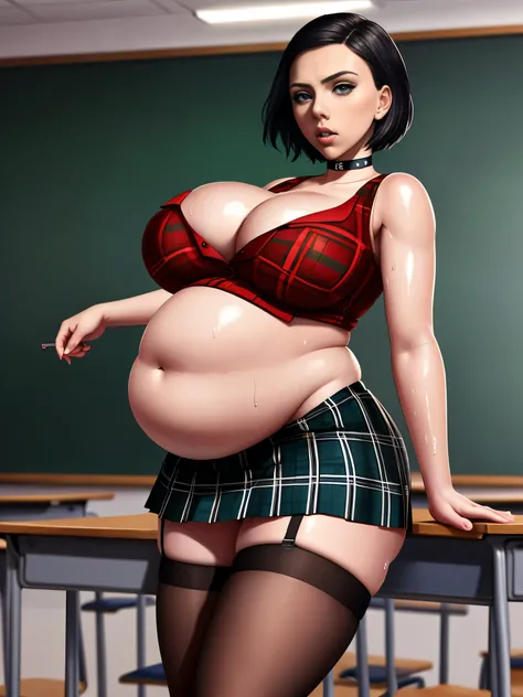 Scarlett Johansson, masterpiece quality, (masterpiece quality:1.3), studio lighting, in a school classroom, school desks in background, blackboard in background, standing, sexy pose, wearing short skirt, plaid skirt, wearing white stockings, wearing blue c...