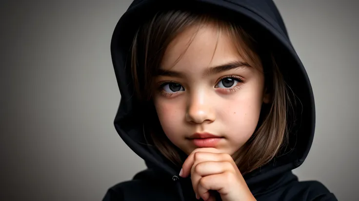 KIDS GIRL blood hair in a black hoodie holding her head in her hands, KIDS girl wearing hoodie, in a black hoodie, close up portrait photo, gorgeous young model, in a hoodie, portrait black and white portrait, wearing a black hoodie