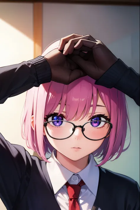 mashkyrielight, mash kyrielight, glasses, hair between eyes, hair over one eye, (purple eyes:1.1), pink hair, short hair,
break ...