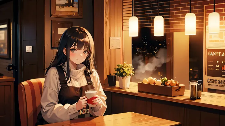 cozy European night-time cafe interior, beautiful window view outside in background, woman holding cup of steaming coffee posing for camera smiling