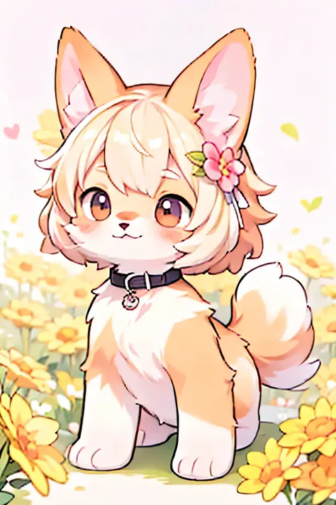 anime - style drawing of a dog standing in a field of flowers, cute corgi, in the style of line stickers, gray background