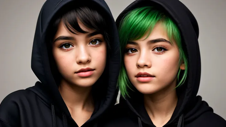 KIDS GIRL green hair in a black hoodie holding her head in her hands, KIDS girl wearing hoodie, in a black hoodie, close up portrait photo, gorgeous young model, in a hoodie, portrait black and white portrait, wearing a black hoodie