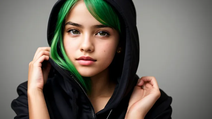 KIDS GIRL green hair in a black hoodie holding her head in her hands, KIDS girl wearing hoodie, in a black hoodie, close up portrait photo, gorgeous young model, in a hoodie, portrait black and white portrait, wearing a black hoodie