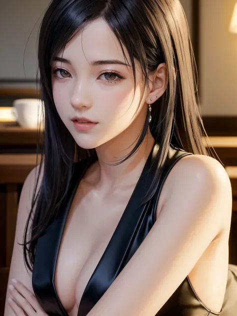 (top quality, masutepiece: 1.1), (Realistic: 1.3), BREAK (((FF7,Tifa_lockhart,solo))),(location: a cozy coffee shop with warm lighting),(gravure pose:1.2,idol),Ultra-detailed face, Detailed eyes,Red eyes, BREAK (((FF7,Tifa_lockhart))),(black brown hair, La...