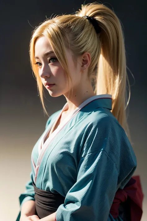 ino yamanaka from Naruto, kimono, blonde hair. aquamarine eyes, long ponytail, soft smile,realistic potrait, 3/4 angle