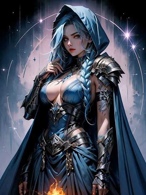 The most beautiful and sexy demon sorceress, long blue hair, wearing a hooded cloak and highly detailed battle armor, tattoos and piercings, casting a powerful and destructive magic spell, perfect masterpiece, high quality, high resolution