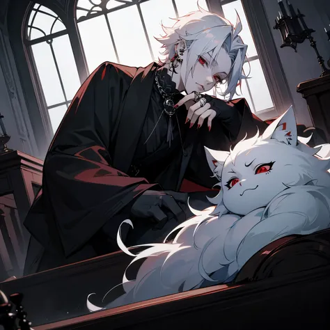 masterpiece, dynamic angle, anime male, man1, house, pale skin, short white fluffy hair, red eyes, shy, in love, gothic fashion, face piercings, lip rings, black clothes