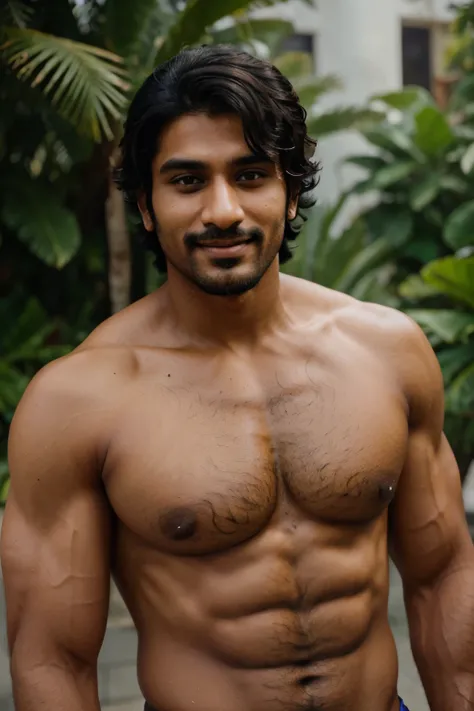 handsome indian man with chiselled face, strong jaw, facial hair, beautiful smile and shoulder-length thick curly black hair 