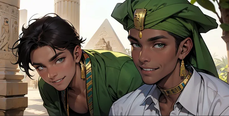 beautiful young man of 14 years of age, dark skin in the background, the ancient Egyptian smiles with a mischievous smile , tiene ojos verdes ,  sin camisa traje tribal antiguio del egipto