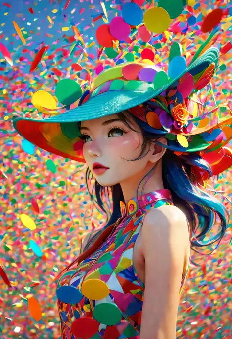 (beautiful girl wearing confetti straw hat:1.4)，(colored confetti:1.5)，colored confetti flying in the sky，floating confetti fill...