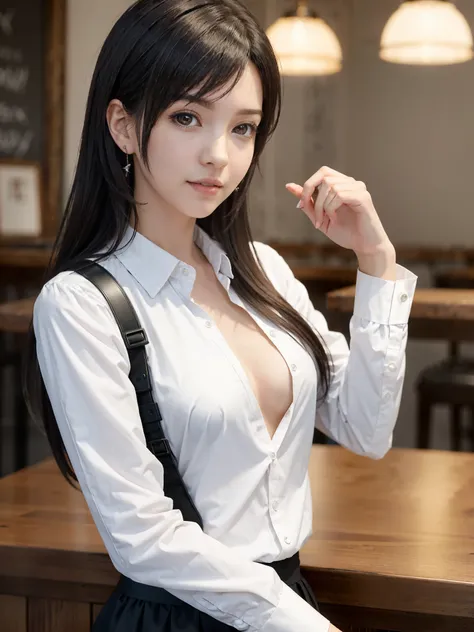 (top quality, masutepiece: 1.1), (Realistic: 1.3), BREAK (((FF7,Tifa_lockhart,solo))),(location: a cozy coffee shop with warm lighting),(gravure pose:1.2,idol),Ultra-detailed face, Detailed eyes,Red eyes, BREAK (((FF7,Tifa_lockhart))),(black brown hair, La...