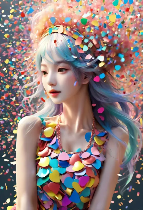 (Beautiful girl wearing confetti hat:1.4)，(Colored confetti:1.5)，Colored confetti flying in the sky，Floating confetti fills the sky，scattered in the garden，hyper detailed masterpiece, Dynamic, good quality,Floating Extra Large Ethereal Colorful Heart DonMW...