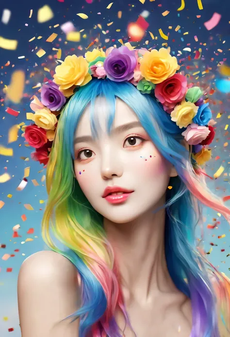 (Beautiful girl wearing confetti hat:1.4)，(Colored confetti:1.5)，Colored confetti flying in the sky，Floating confetti fills the sky，scattered in the garden，hyper detailed masterpiece, Dynamic, good quality,Floating Extra Large Ethereal Colorful Heart DonMW...