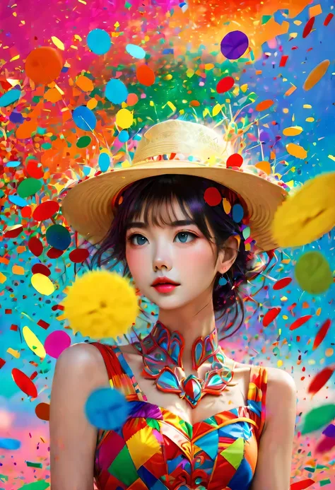 (Beautiful girl wearing confetti straw hat:1.4)，(Colored confetti:1.5)，Colored confetti flying in the sky，Floating confetti fills the sky，in scraps of paper，hyper detailed masterpiece, Dynamic, good quality,Floating Extra Large Ethereal Colorful Heart DonM...