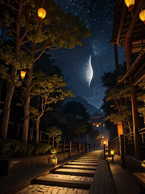 official art, ancient China, Ancient streets, (Lots of fireflies), (night), (moon), light, beautiful scenery, spectacular scenery, Realistic light, masterpiece, high quality, beautiful graphics, high detail , global illumination, Unreal Engine Rendering, o...