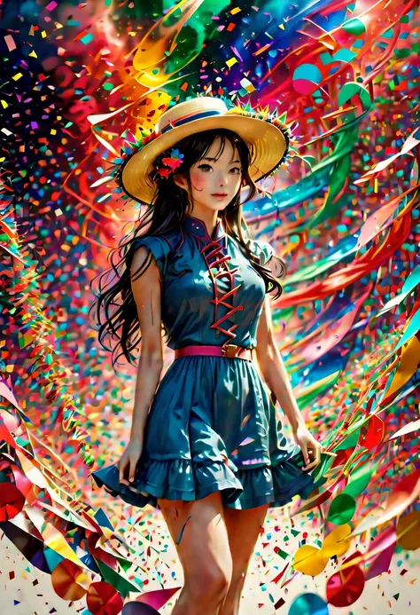 (Beautiful girl wearing confetti straw hat:1.4)，(Colored confetti:1.5)，Colored confetti flying in the sky，Floating confetti fills the sky，in scraps of paper，hyper detailed masterpiece, Dynamic, good quality,Floating Extra Large Ethereal Colorful Heart DonM...