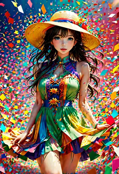 (beautiful girl wearing confetti straw hat:1.4)，(colored confetti:1.5)，colored confetti flying in the sky，floating confetti fill...