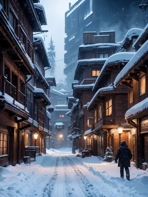 Snowy cyberpunk village. Heavy snow storm. Masterpiece. UHD. National geographic style.