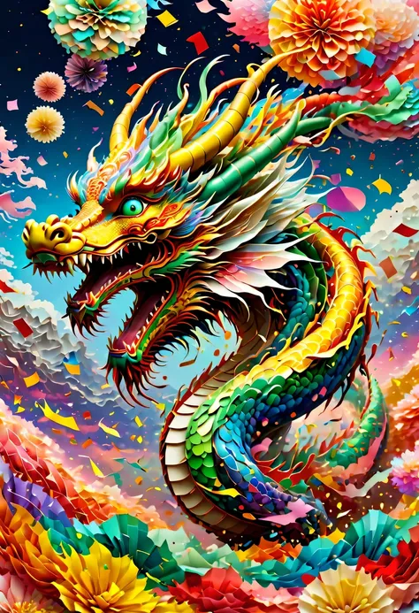 Colored confetti:1.5，Colored confetti flying in the sky，Floating confetti fills the sky，in scraps of paper，hyper detailed masterpiece, Dynamic, good quality,Floating ethereal colorful Chinese dragon baby