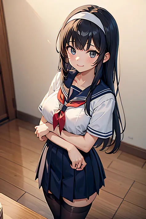 High school girl in sailor suit, anime 2d rendering, white headband, smile, black hair, straight hair, navy blue sailor uniform, black stockings, 