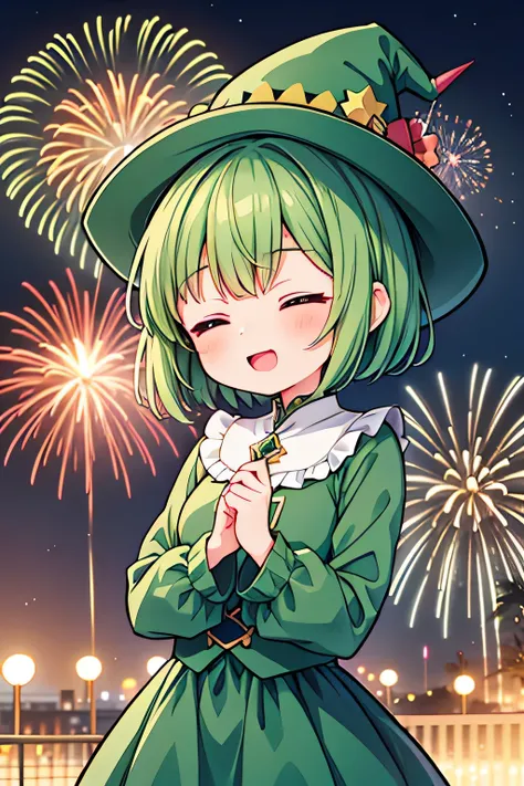 Chica con pelo corto verde, ropa de bruja verde, sombrero puntiagudo, celebracion, animado, moe, Dibujos animados, feliz, fuegos artificiales de fondo, Ojos cerrados